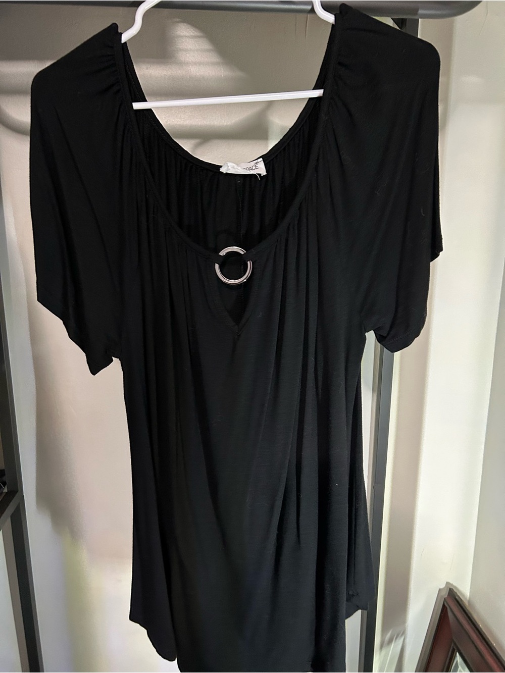 Black Short-Sleeve Tunic with Front Ring Detail